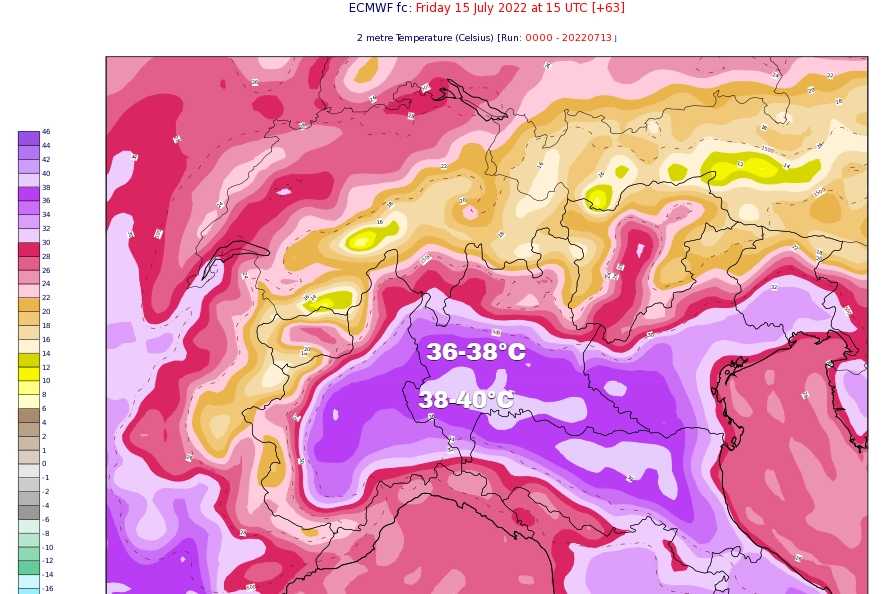 La mappa delle temperature massime previste per venerdì 15 luglio