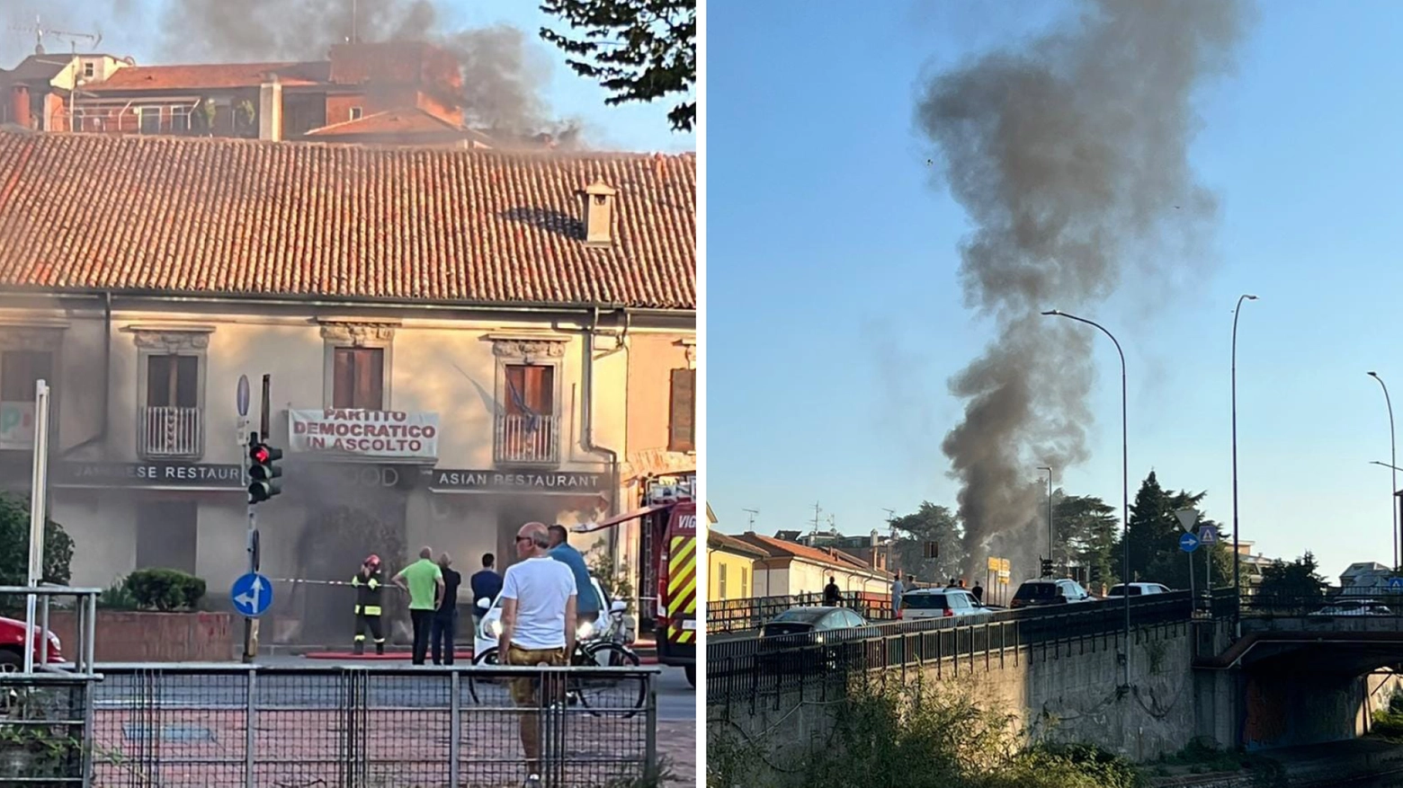 Il ristorante andato a fuoco (sotto la sede del Partito democratico) e la colonna di fumo del rogo