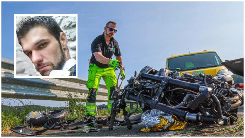 La rimozione di una moto dopo un incidente stradale (foto di archivio) e nel riquadro la vittima, Stefano Pezzotta