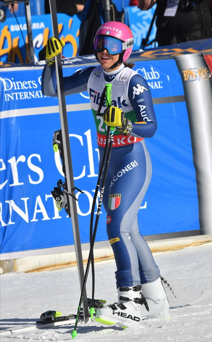 epa08162412 Elena Curtoni of Italy reacts in the finish area during the Women's Downhill race at the FIS Alpine Skiing World Cup in Bansko, Bulgaria on 25 January 2020.  EPA/GEORGI LICOVSKI