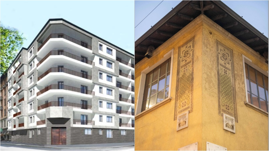 A sinistra, il progetto del nuovo palazzo tra viale Umbria e via Sigieri. A destra, le decorazioni sul palazzo anni venti che verrà abbattuto (Foto Fasani)