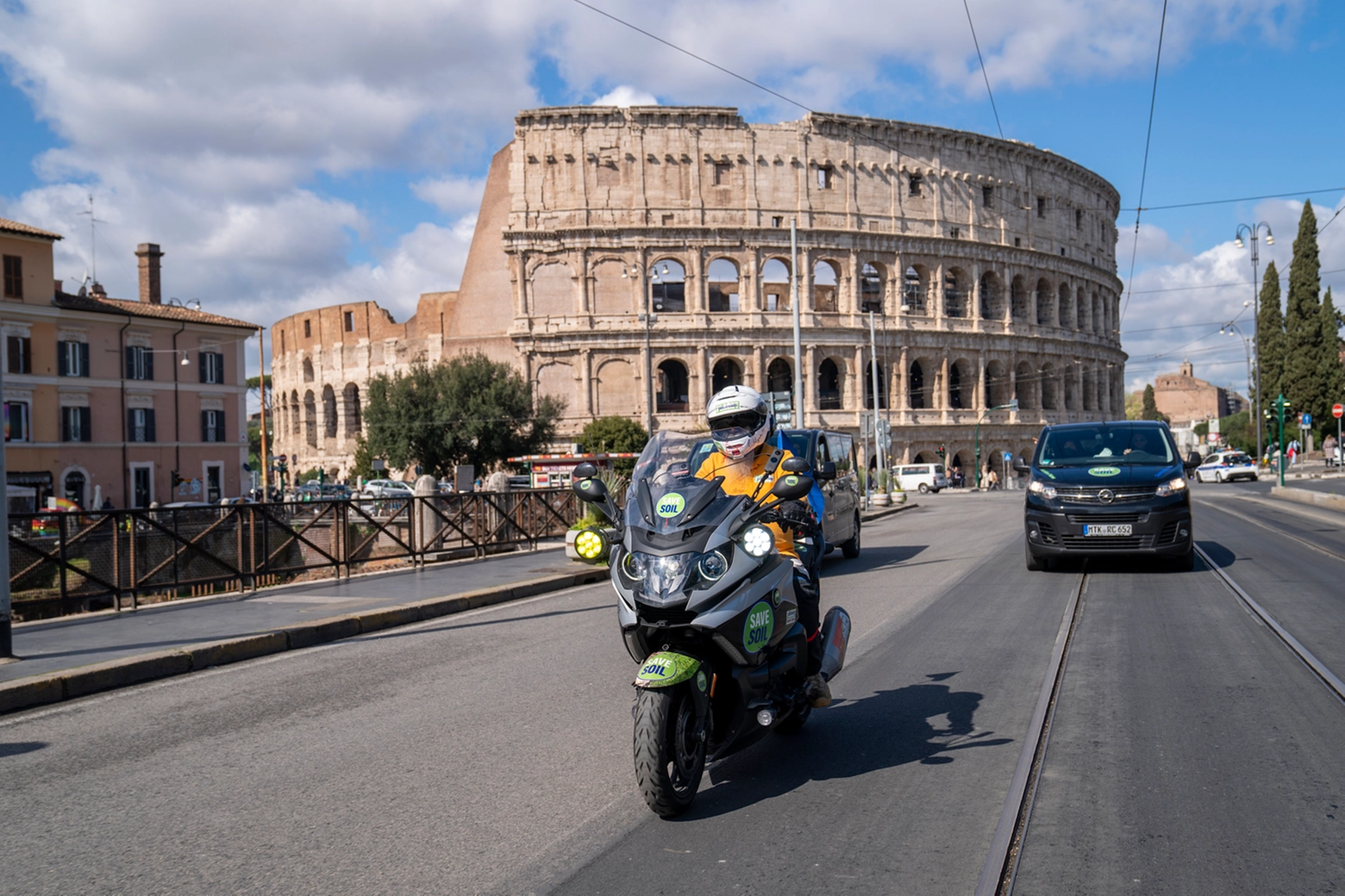 Sadhguru on a motorcycle in Rome during a trip to Italy.