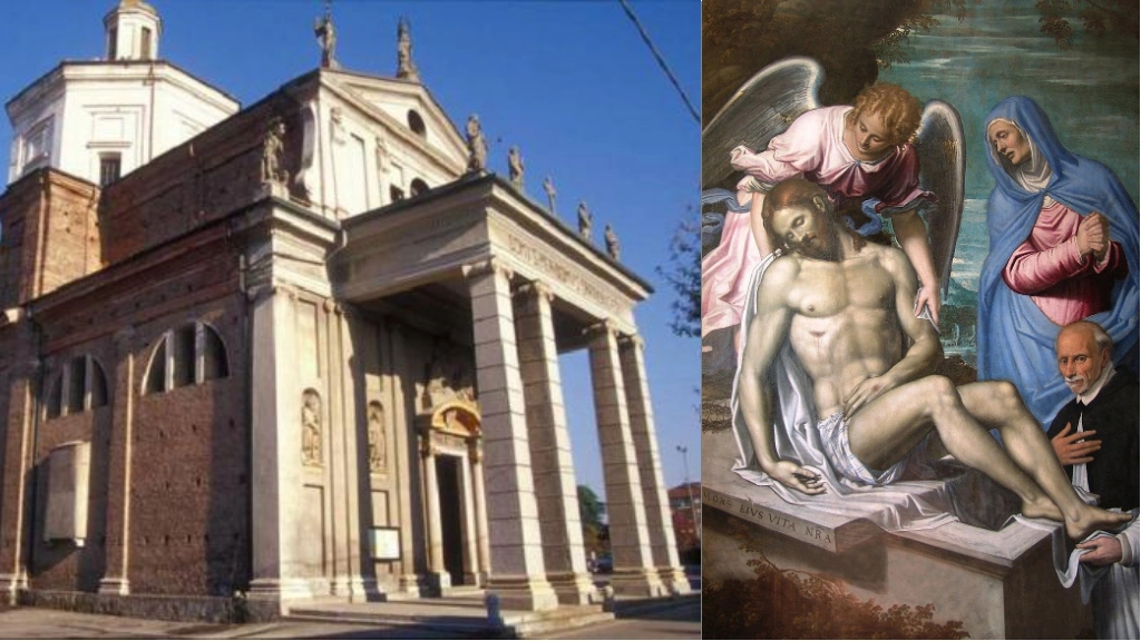 La chiesa di San Giorgio a Bernate Ticino e, a destra, la Deposizione di Cristo