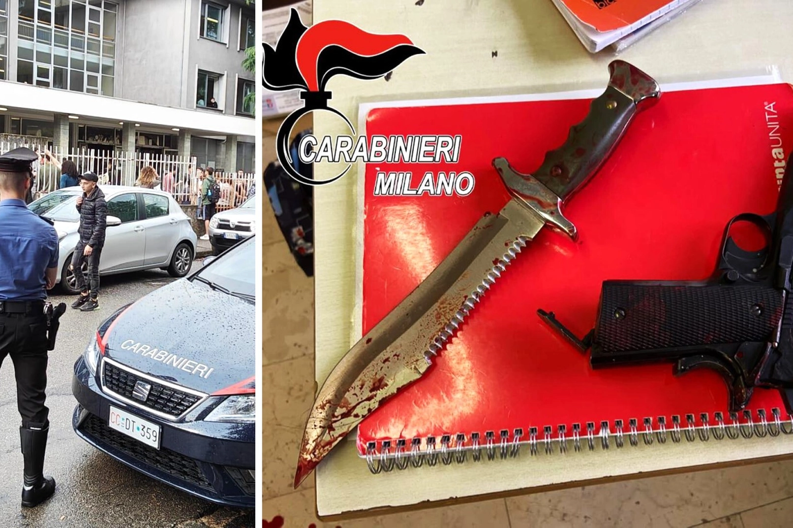 I carabinieri davanti all'Istituto Alessandrini di Abbiategrasso e le armi sequestrate al 16enne che ha accoltellato la professoressa