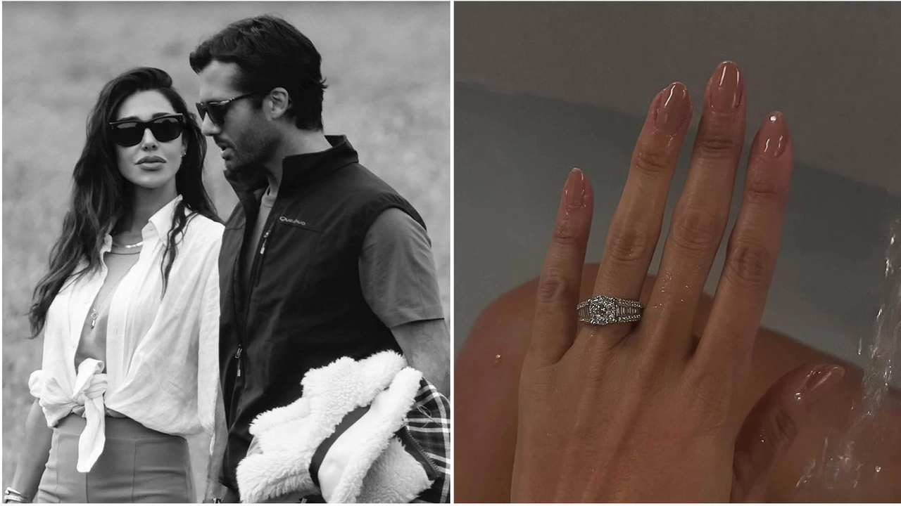 Belen Rodriguez con il futuro marito Elio Lorenzoni e l'anello della proposta