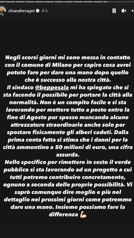 La storia di Chiara Ferragni su Instagram