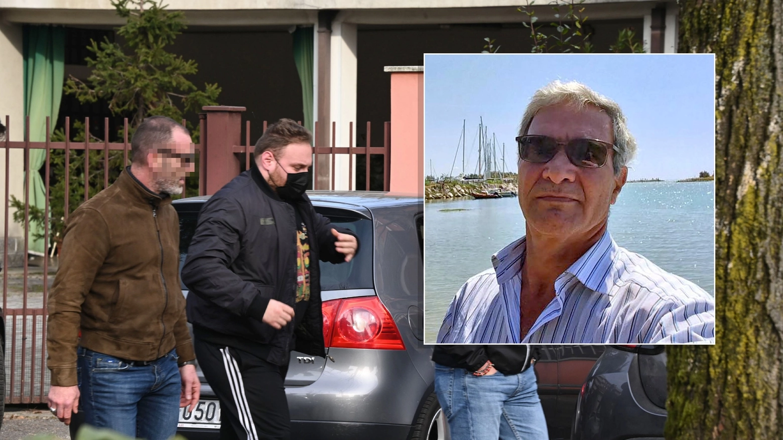 Lorenzo D'Errico nella casa di Cusano Milanino dove ha ucciso il padre Carmine (nel riquadro)