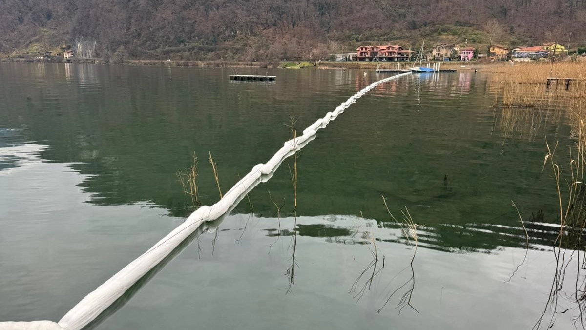 Lavena Ponte Tresa, sul lago Ceresio sono state collocate barriere oleoassorbenti (foto  Facebook 'Io Cambio con Mastromarino sindaco')