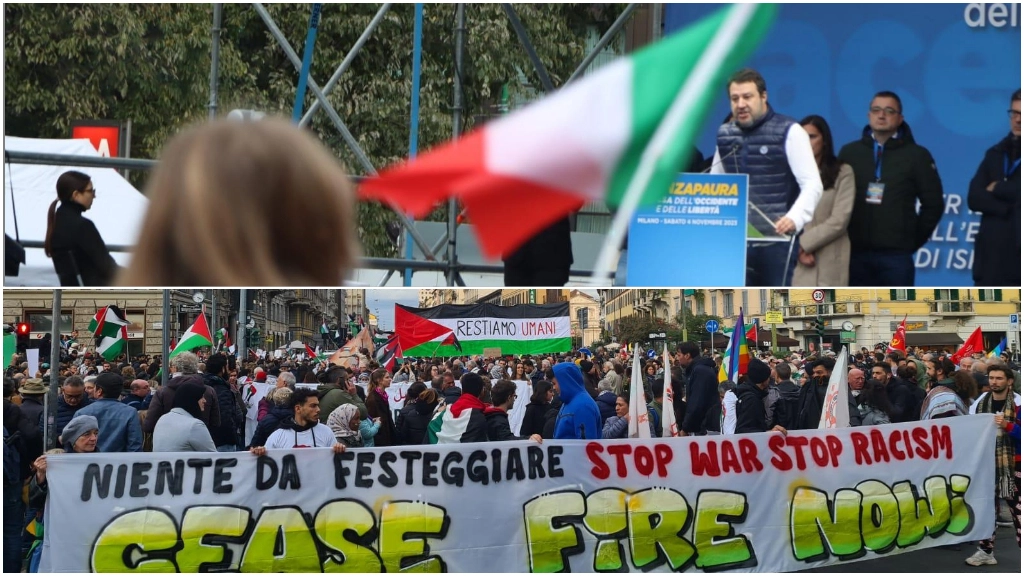 Matteo Salvini sul palco di largo Cairoli e il corteo antagonista in Porta Venezia Matteo Salvini sul palco di largo Cairoli e il corteo antagonista in Porta Venezia