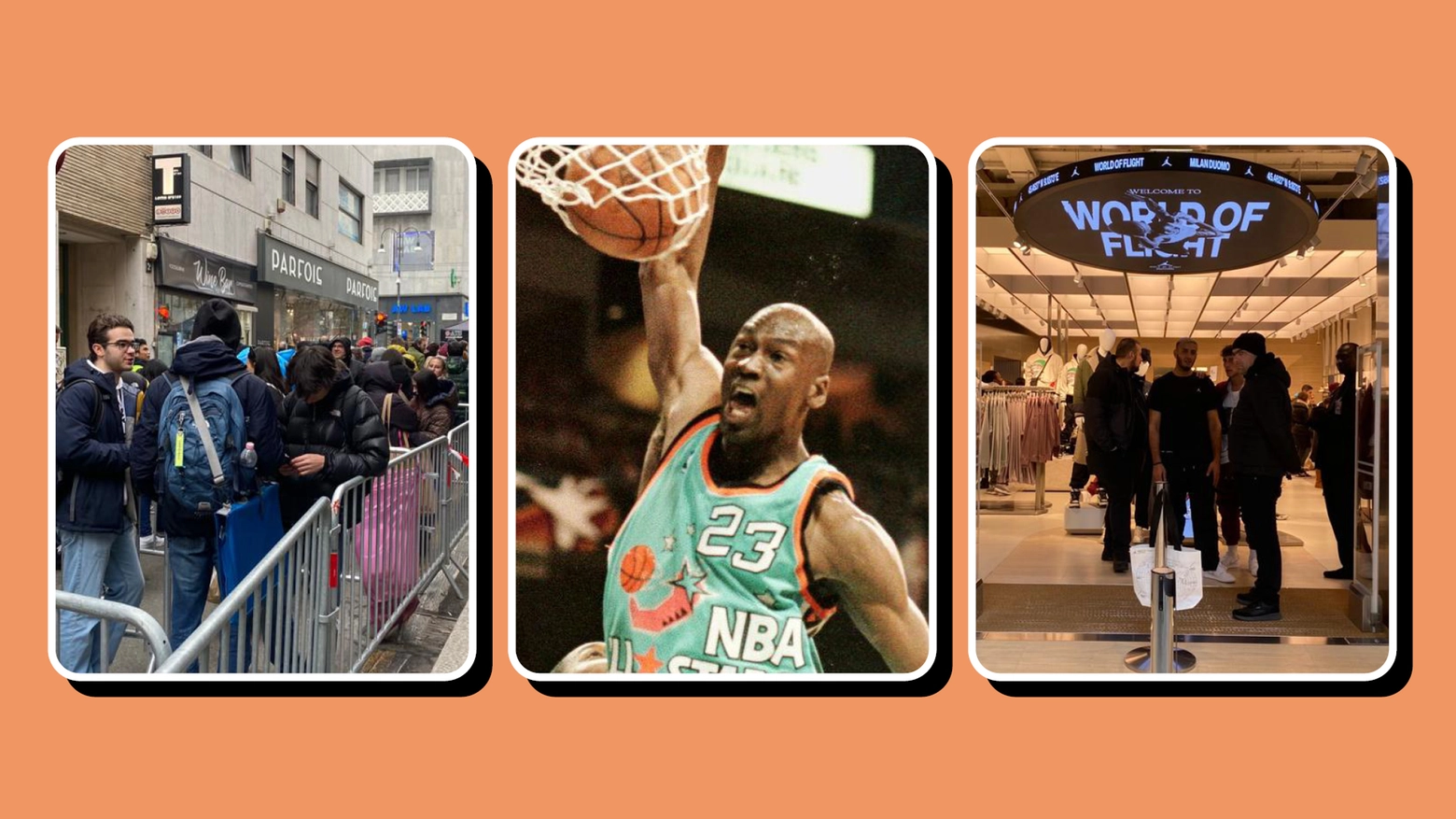 Le code chilometriche davanti al negozio (a sinistra), l'entrata e Micheal Jordan