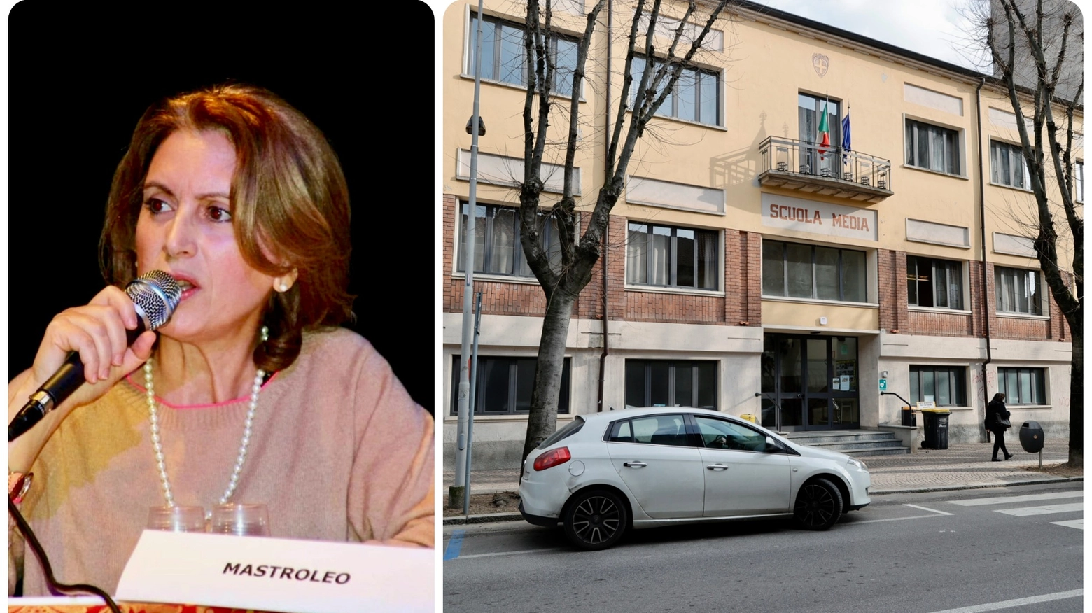 La preside Sonia Mastroleo. A destra, una delle scuole dell'istituto comprensivo Poma