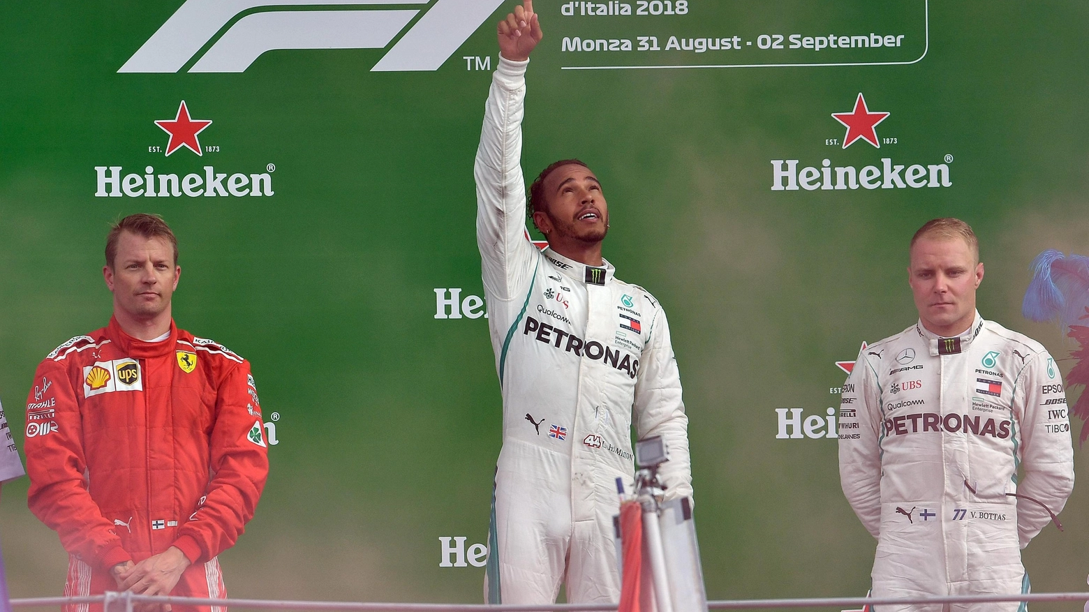 Il podio di Monza: Hamilton primo, Raikkonen secondo, Bottas terzo
