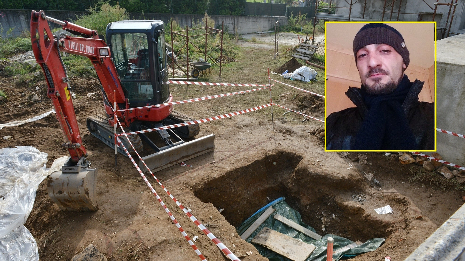 La fossa del cantiere a Guanzate dove è stato trovato il corpo di Ernesto Albanese nel riquadro