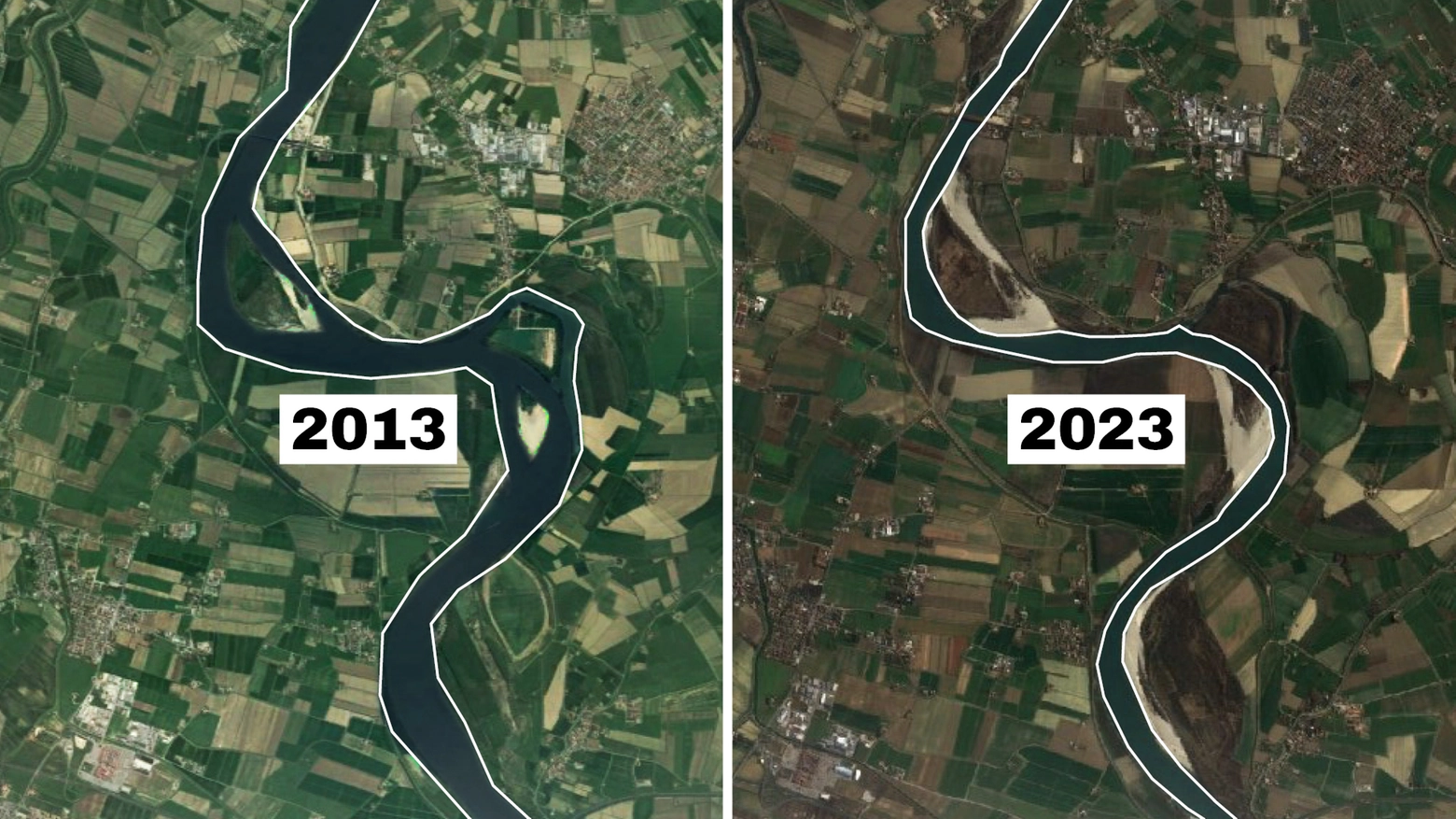 Immagine satellitare del fiume Po, confronto tra il 2013 e la situazione attuale