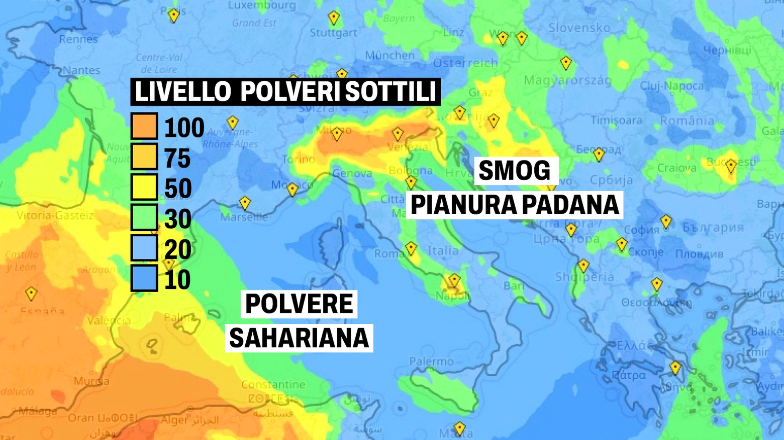 La mappa di Tornado in Italia con le concentrazioni di polveri sottili