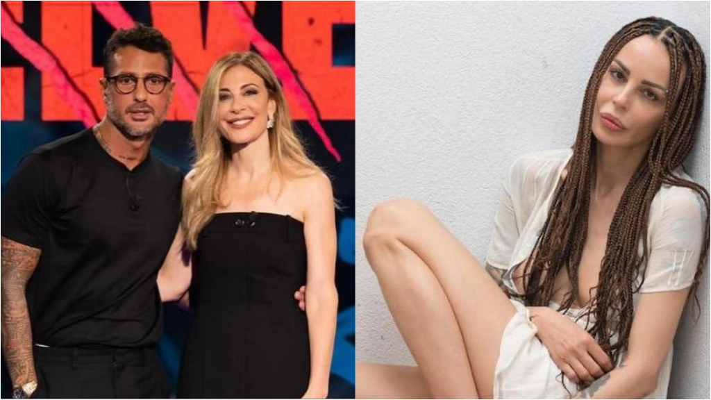 Fabrizio Corona con Francesca Fagnani prima della trasmissione. A destra, Nina Moric in una foto pubblicata sul suo profilo Instagram