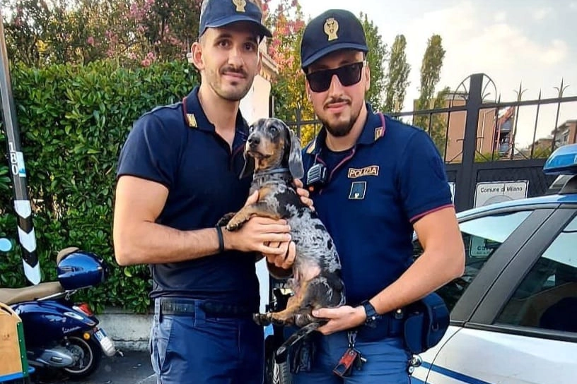 Il bassotto Attila con gli agenti che lo hanno salvato