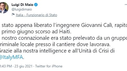 Il tweet del ministro degli Esteri Luigi Di Maio
