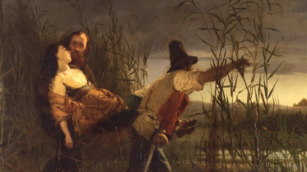 "Giuseppe Garibaldi e il Maggiore Leggero trasportano Anita morente attraverso le paludi di Comacchio" dipinto da Pietro Bouvier nel 1864