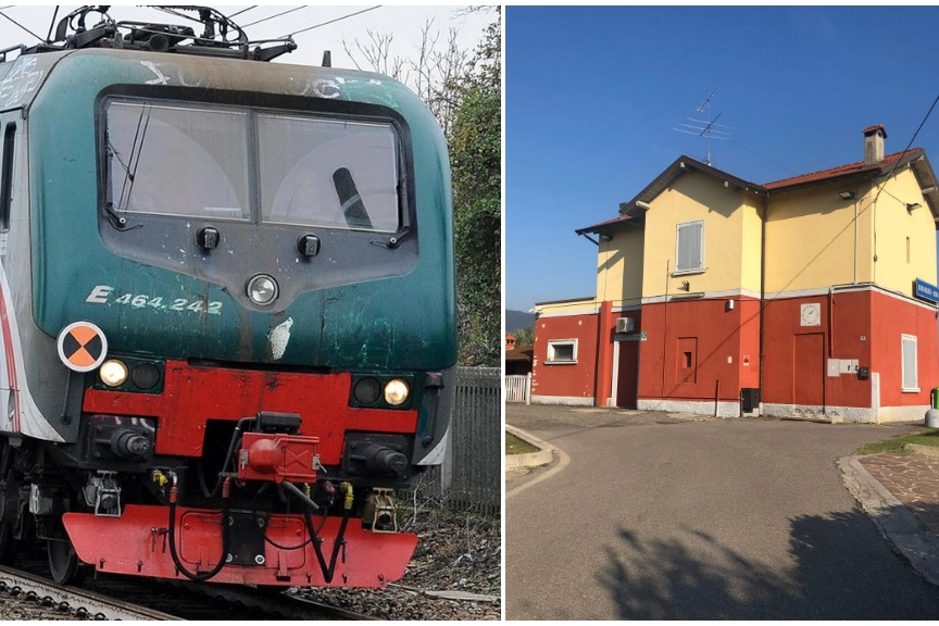 Un treno; a destra, la stazione di Borgonato
