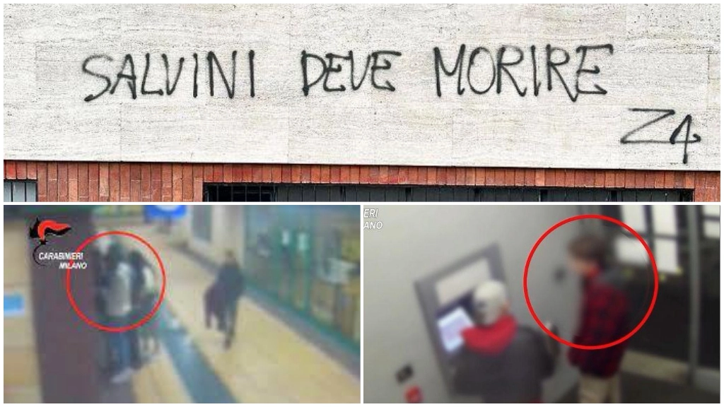 La scritta contro Salvini; sotto, due frame delle rapine addebitate alla baby gang Z4