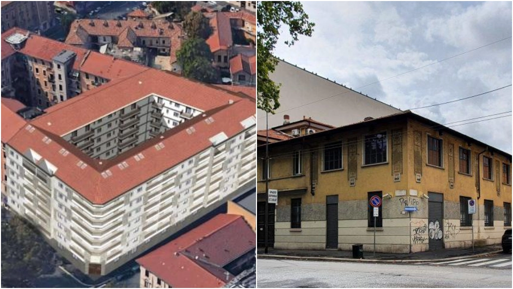 A sinistra, il progetto del nuovo condominio di viale Umbria 37. A destra, l'edificio attuale che fu sede de La Voce del Padrone