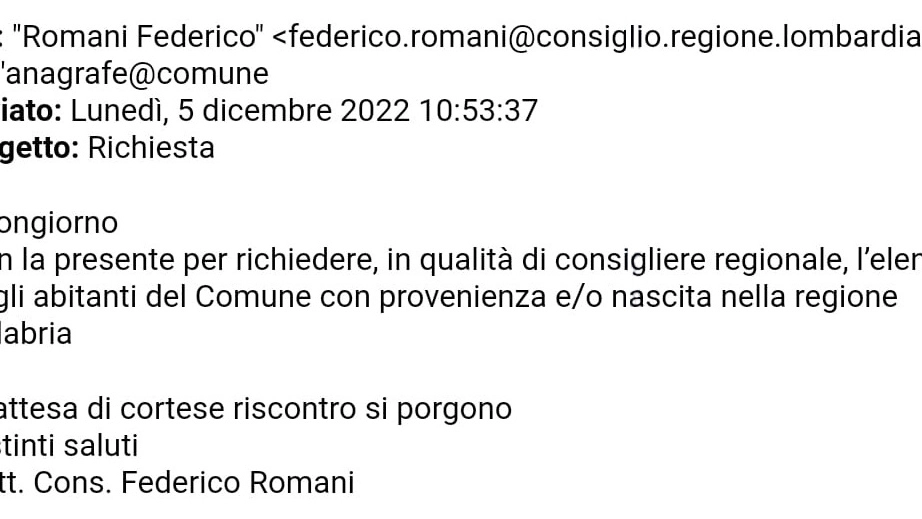 La mail inviata da Federico Romani