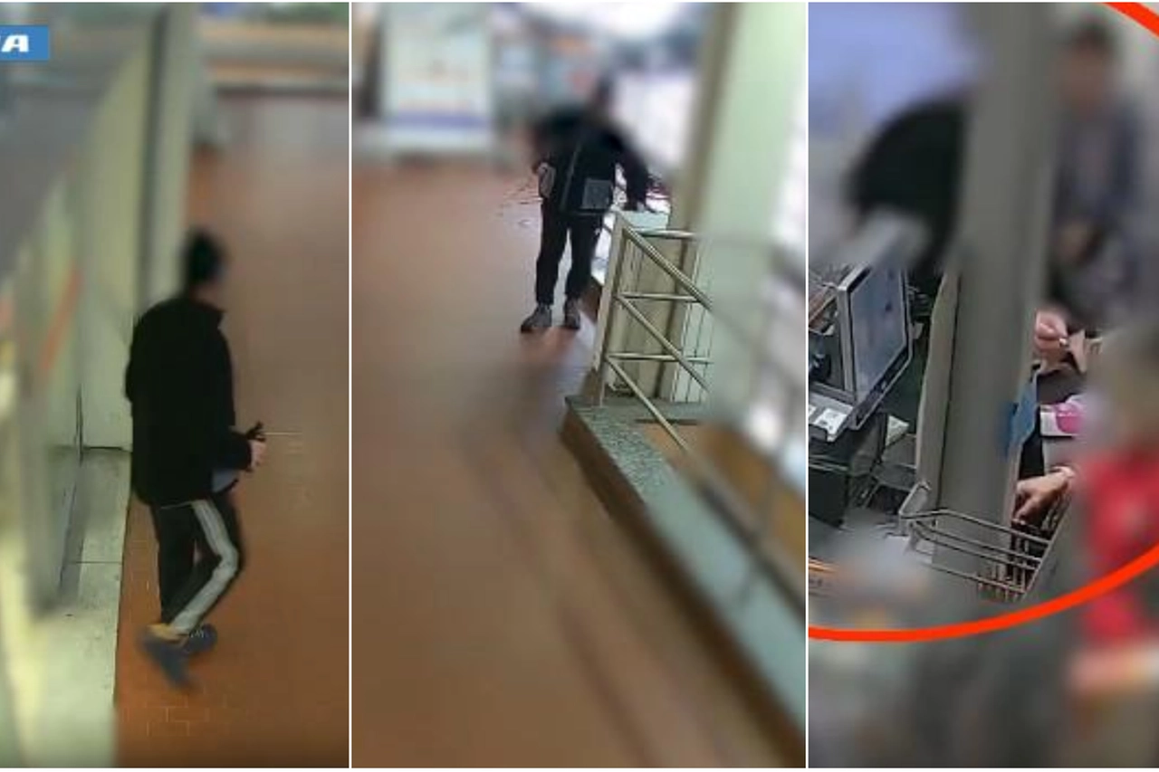 Le fasi della rapina: l'uomo esce con una bottiglia di birra, poi la butta nel cestino. Infine, minaccia la cassiera con la siringa (dal video della Polizia)