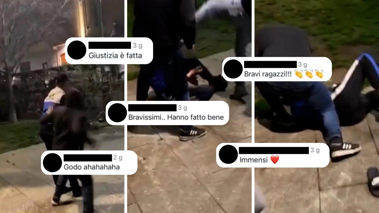 Tre frame del video del pestaggio e alcuni dei commenti pubblicati dagli utenti di Instagram Tre frame del video del pestaggio e alcuni dei commenti pubblicati dagli utenti di Instagram