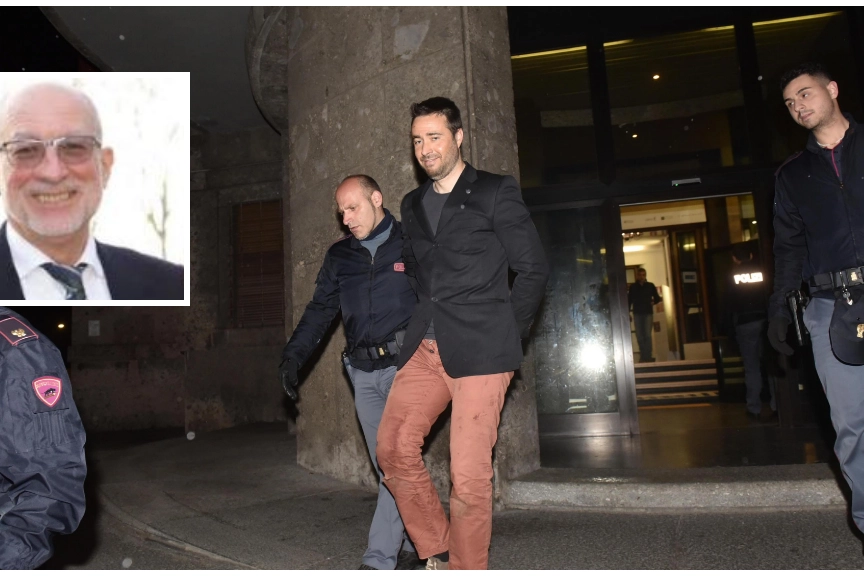 Marco Manfrinati al momento dell'arresto. Nel riquadro il volto della vittima: Fabio Limido