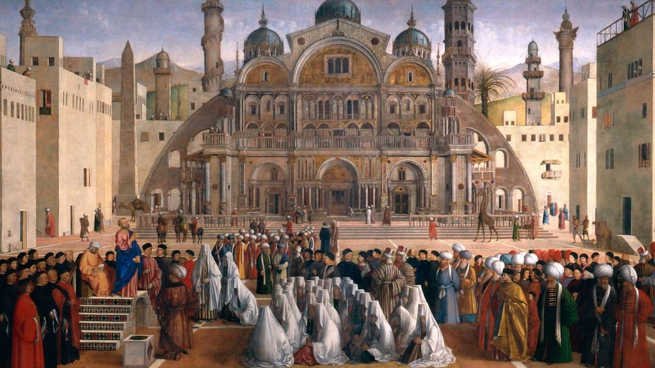 Predica di San Marco in una piazza di Alessandria, di Giovanni Bellini, esposta in Pinacoteca a Brera Predica di San Marco in una piazza di Alessandria, di Giovanni Bellini, esposta in Pinacoteca a Brera