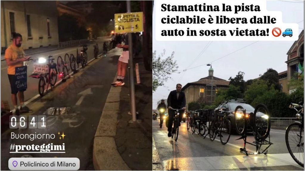 La catena umana a bordo delle biciclette per proteggere la pista ciclabile di via Sforza a Milano (Frame video Instagram Strada per tutti) La catena umana a bordo delle biciclette per proteggere la pista ciclabile di via Sforza a Milano (Frame video Instagram Strada per tutti)