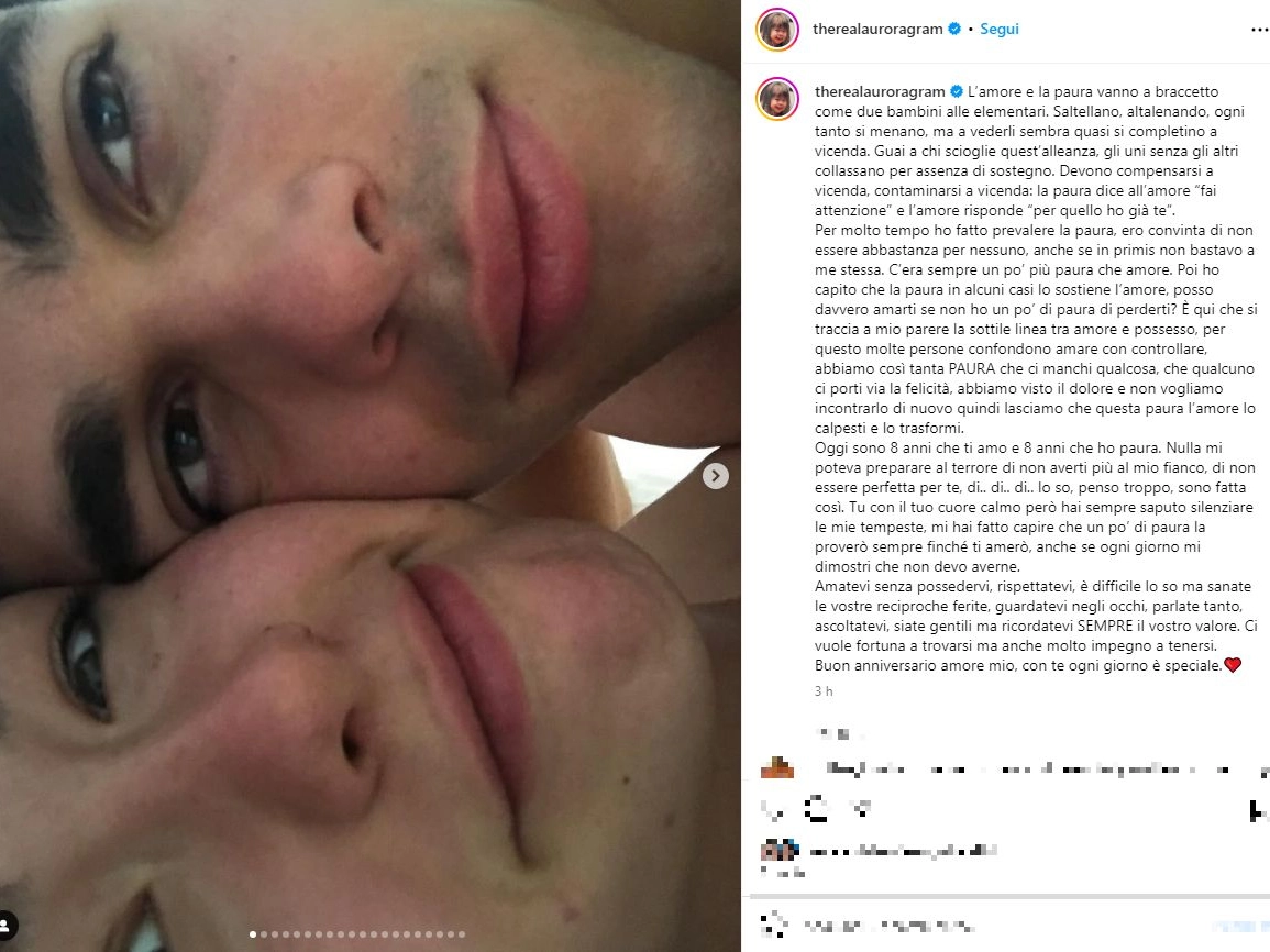 Il post Instagram di Aurora Ramazzotti per gli 8 anni insieme a Goffredo Cerza