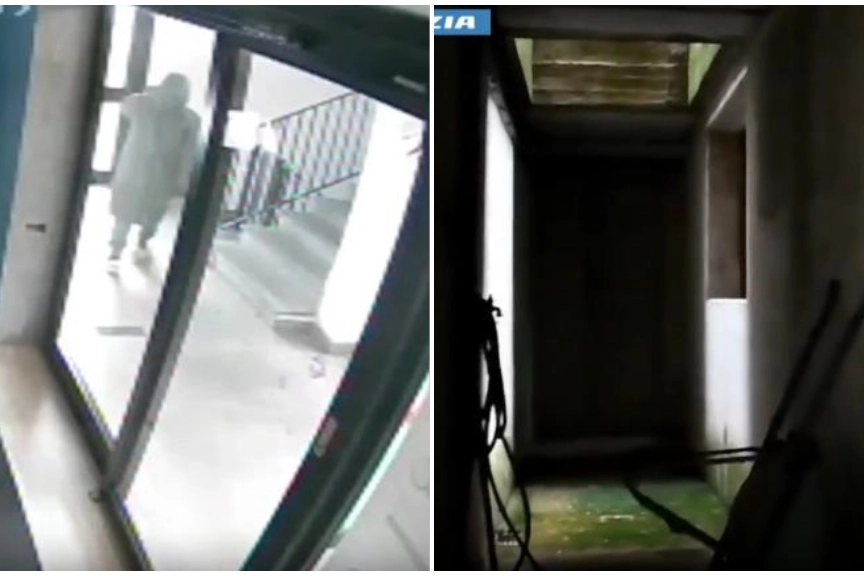 Immagini dalle riprese video della polizia: un rapinatore e, a destra, un'immagine del sotterraneo in banca