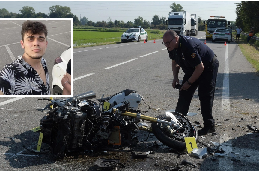 I rilievi dell'incidente e, nel riquadro, la vittima Luca Quatraro (foto Canali)