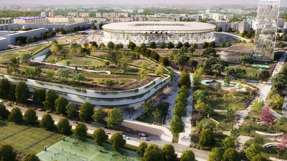 Un vecchio rendering di San Siro che mostra nuovo stadio e Meazza rifunzionalizzato Un vecchio rendering di San Siro che mostra nuovo stadio e Meazza rifunzionalizzato
