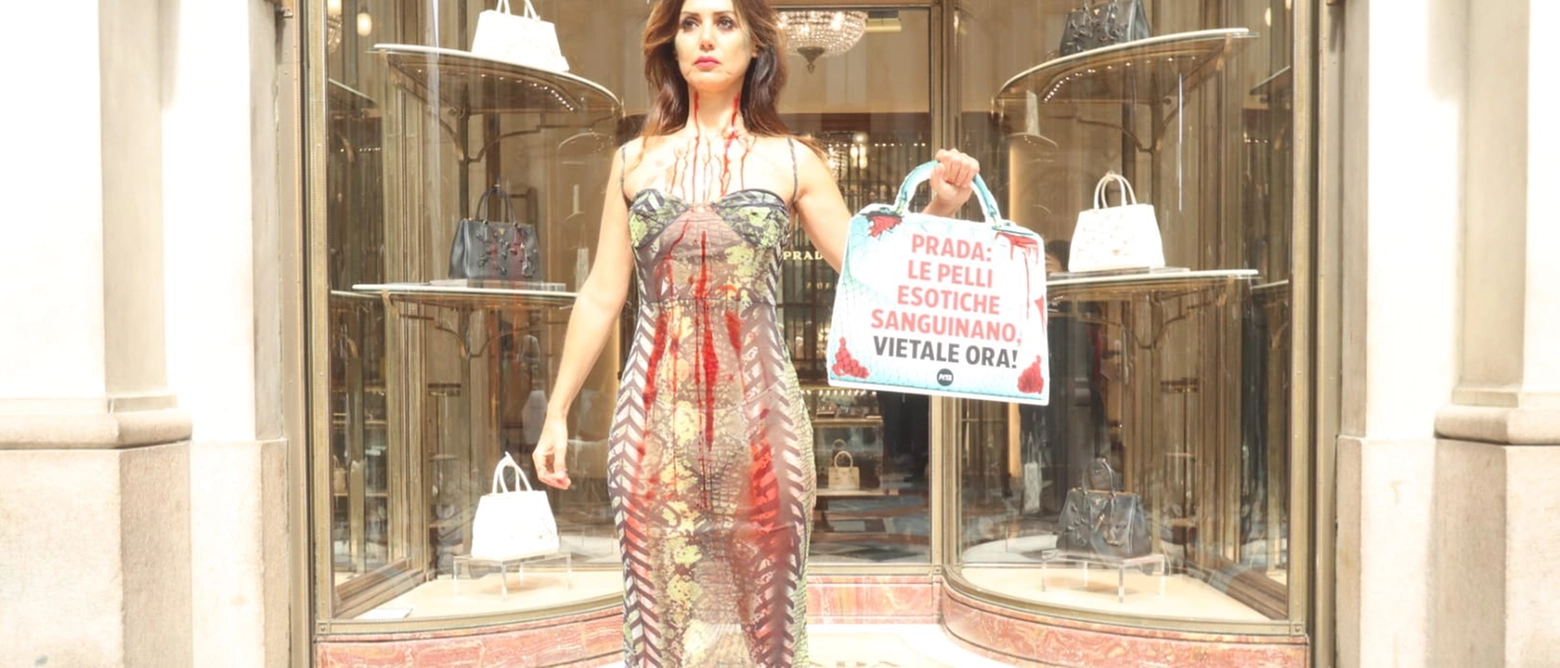 Milano, l’ex hostess di Alitalia e concorrente del Grande Fratello manifesta davanti alle vetrine della maison di moda