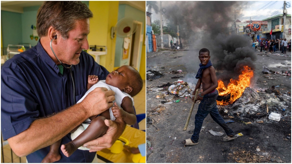 Richard Frechette nell'ospedale pediatrico NPH Saint Damien di Port-Au-Prince. A destra, la violenza nelle strade della capitale haitiana