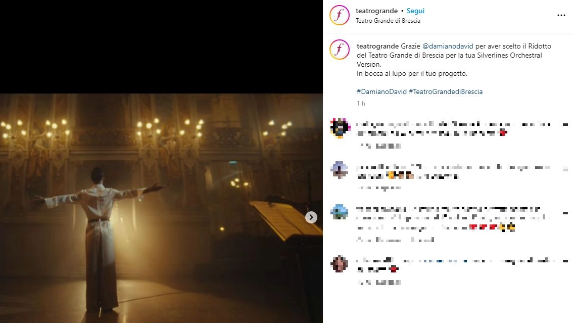 Il post del Teatro di Brescia, ringraziamenti a Damiano David per la scelta della location del suo vidoeo musicale da solista
