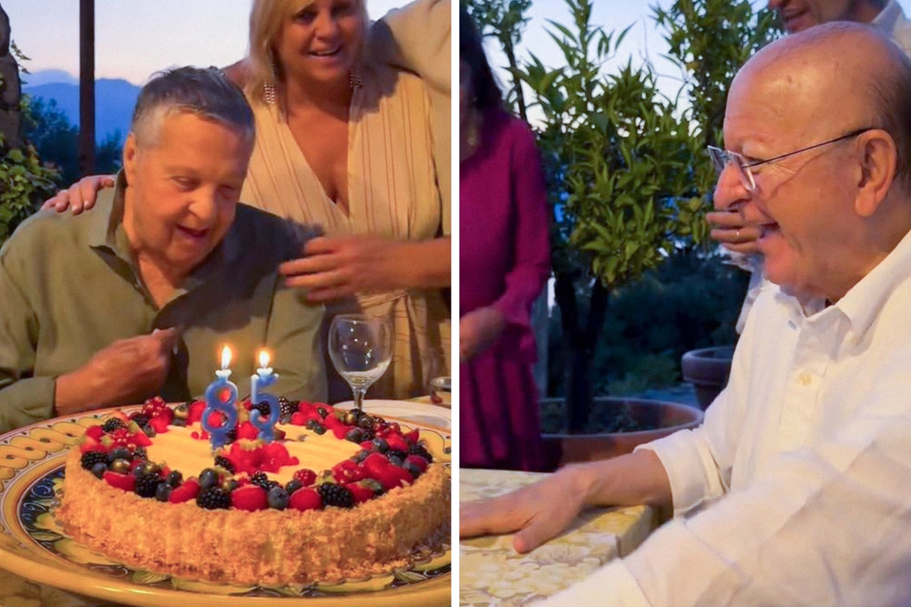 Due frame del video del compleanno di Renato Pozzetto, presente anche lo l'amico storico Massimo Boldi