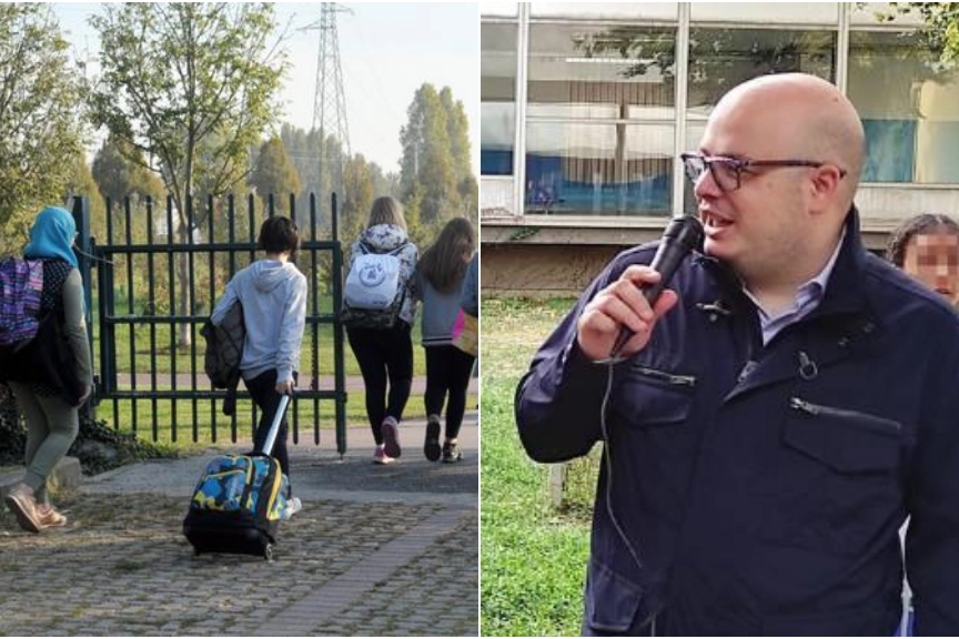 L'ingresso dell'istituto pioltellese e a destra il dirigente Alessandro Fanfoni