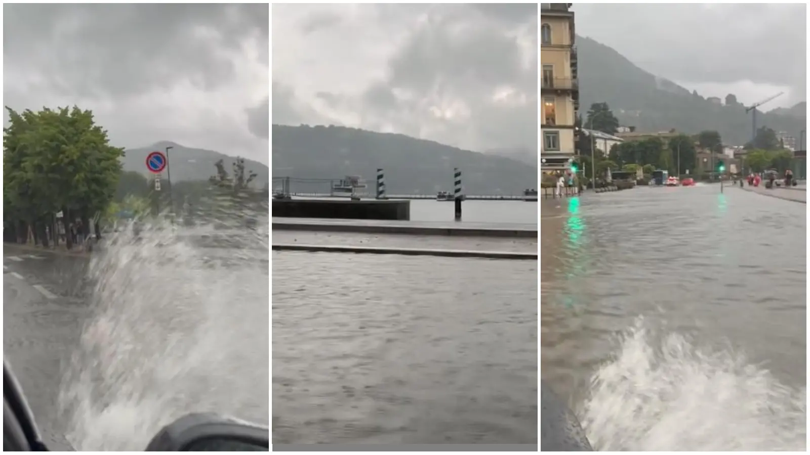 Nubifragio e vento forte su Como, allagata strada davanti a piazza Cavour. A Cantù crolla muro di una villetta