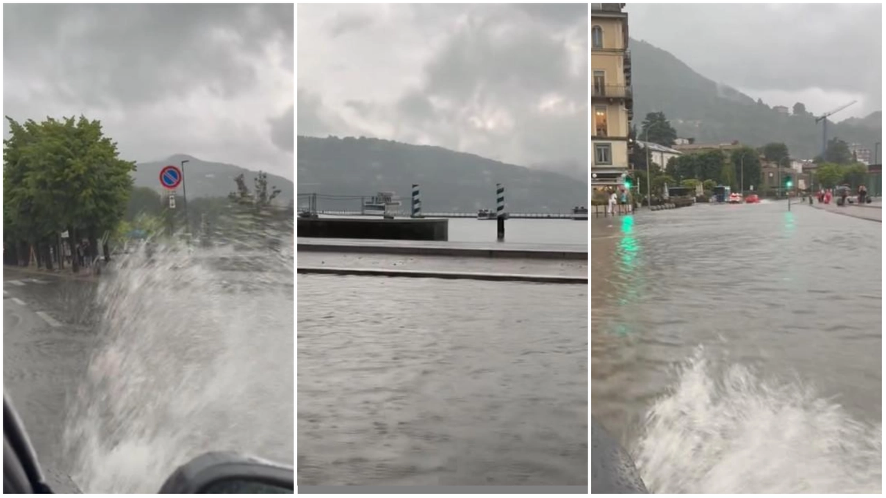Nubifragio e vento forte su Como, allagato lungolago davanti a piazza Cavour. A Cantù crolla muro di una villetta