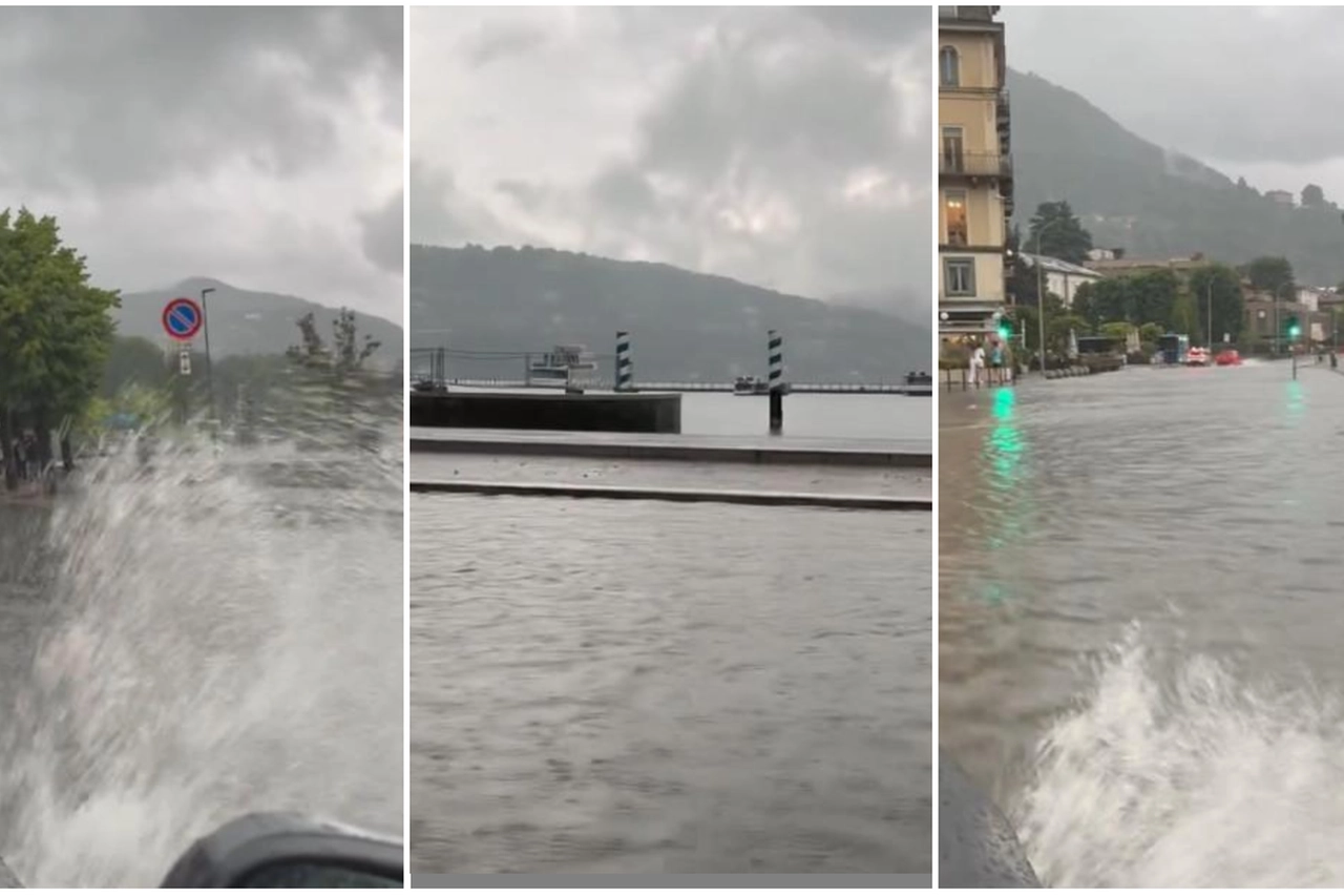 Tre immagini dal video girato da un automobilista a Como: il lungolago è allagato