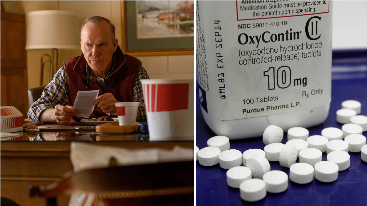 Michael Keaton recita in “Dopesick” nei panni di un medico che osserva l'OxyContin e, accanto, il farmaco