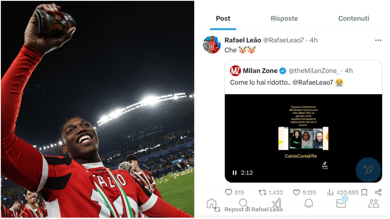 Rafa Leao festeggia la vittoria in Supercoppa, a lato, il post su X contro Cassano Rafa Leao festeggia la vittoria in Supercoppa, a lato, il post su X contro Cassano