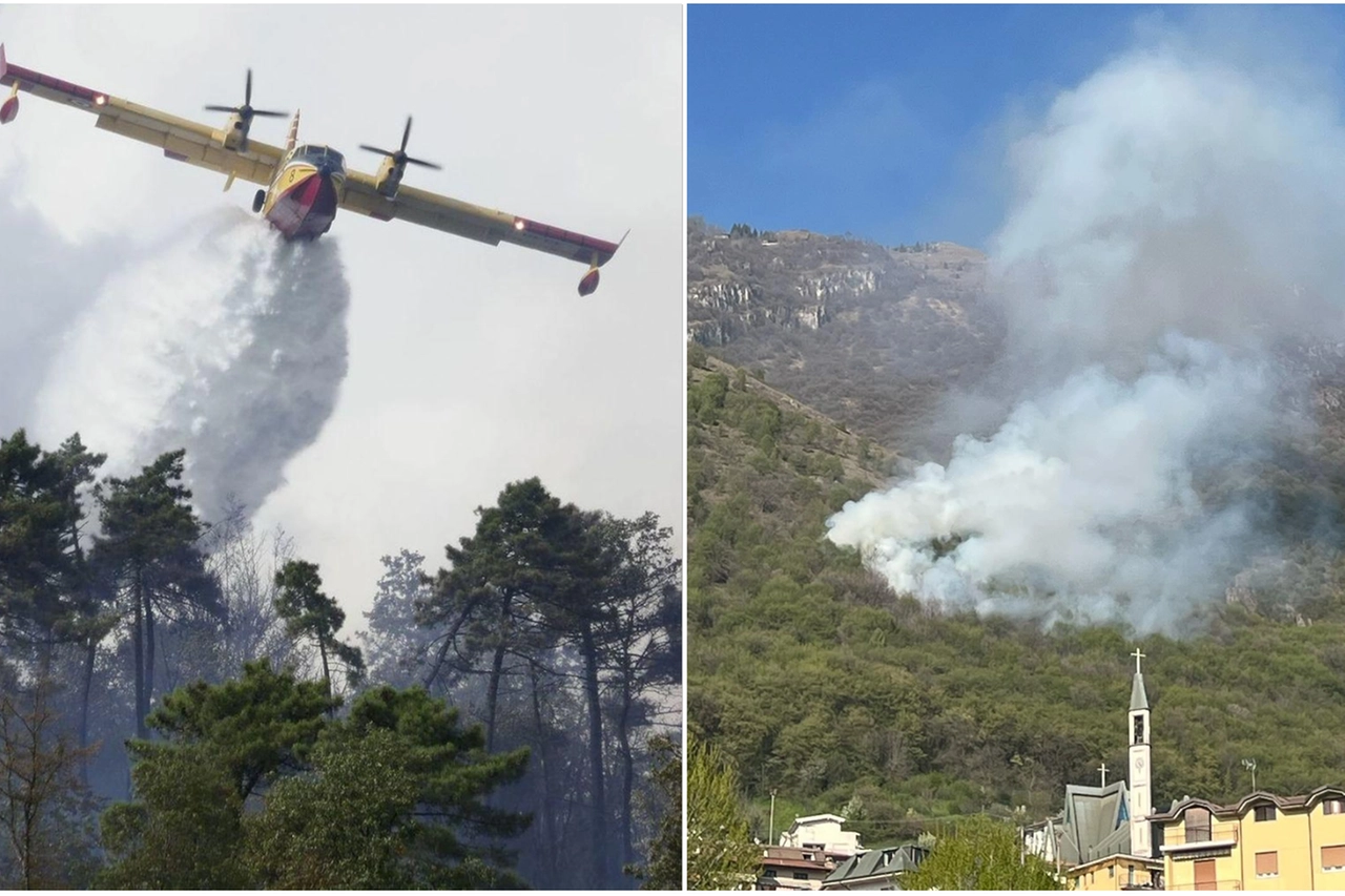 A destra, uno scatto dell'incendio di Lumezzane condiviso sui social