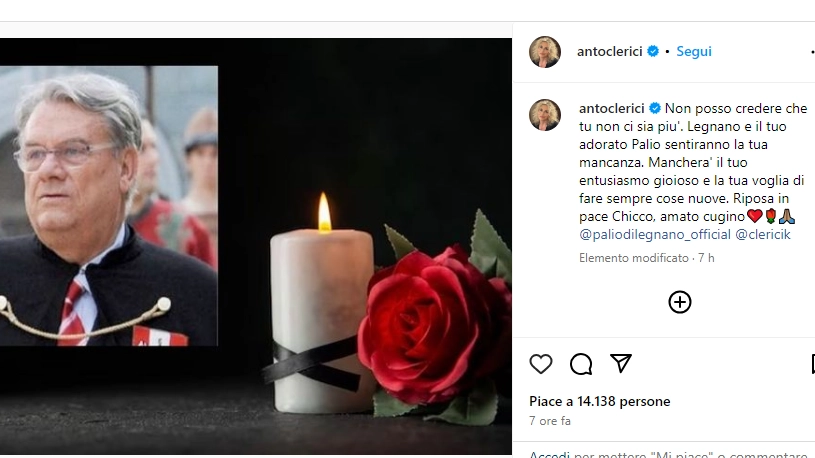 Il post di Antonella Clerici per il cugino Roberto, "Chicco"
