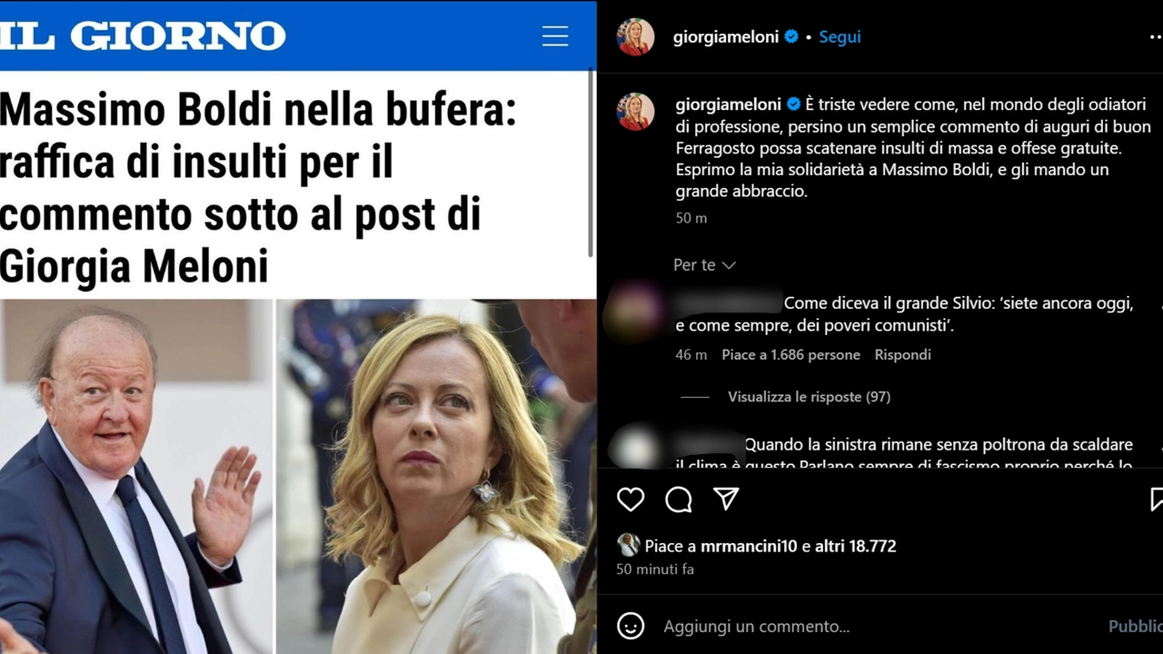 L'articolo de Il Giorno condiviso da Giorgia Meloni per solidarizzare con Massimo Boldi dopo l'ondata di insulti sui social