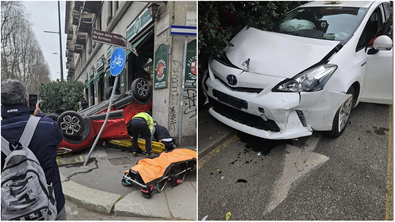 Scene da un incidente: la vettura su cui si trovavano le due donne finita nella vetrina del ristorante e il taxi colpito